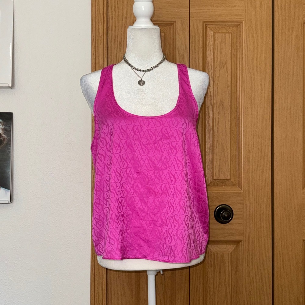 Victoria's Secret Hot Pink Satin Monogram Logo Racerback Tank Top Medium Preppy